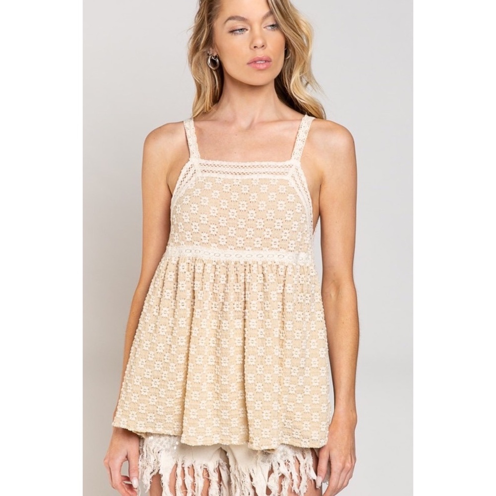 POL Tan Floral Embroidered Lace Trimmed Babydoll Top with Back Bow Tie - Picture 4 of 9